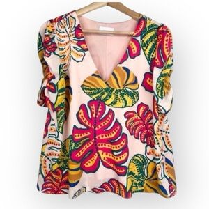 Adrienne Tropical Palm Print V-Neck Half Puff Sleeves Blouse Top Size Medium